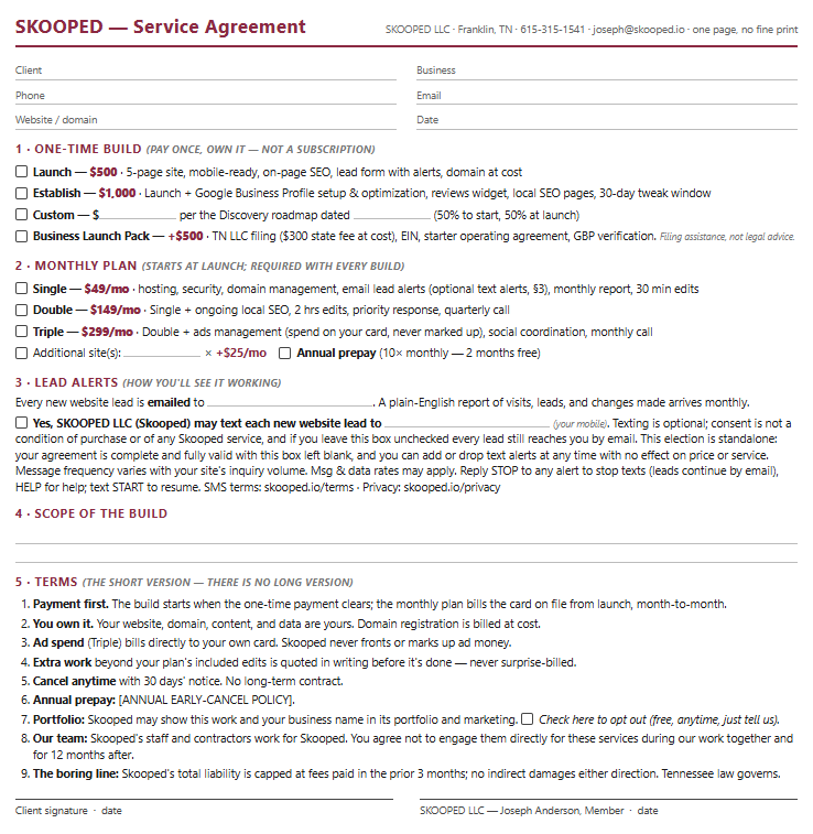 Blank SKOOPED LLC service agreement showing the optional, unchecked SMS opt-in checkbox in section 3 and the signature block